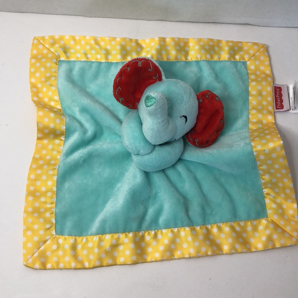 Fisher Price Elephant Lovey Plush Teal Yellow 12 inch Square